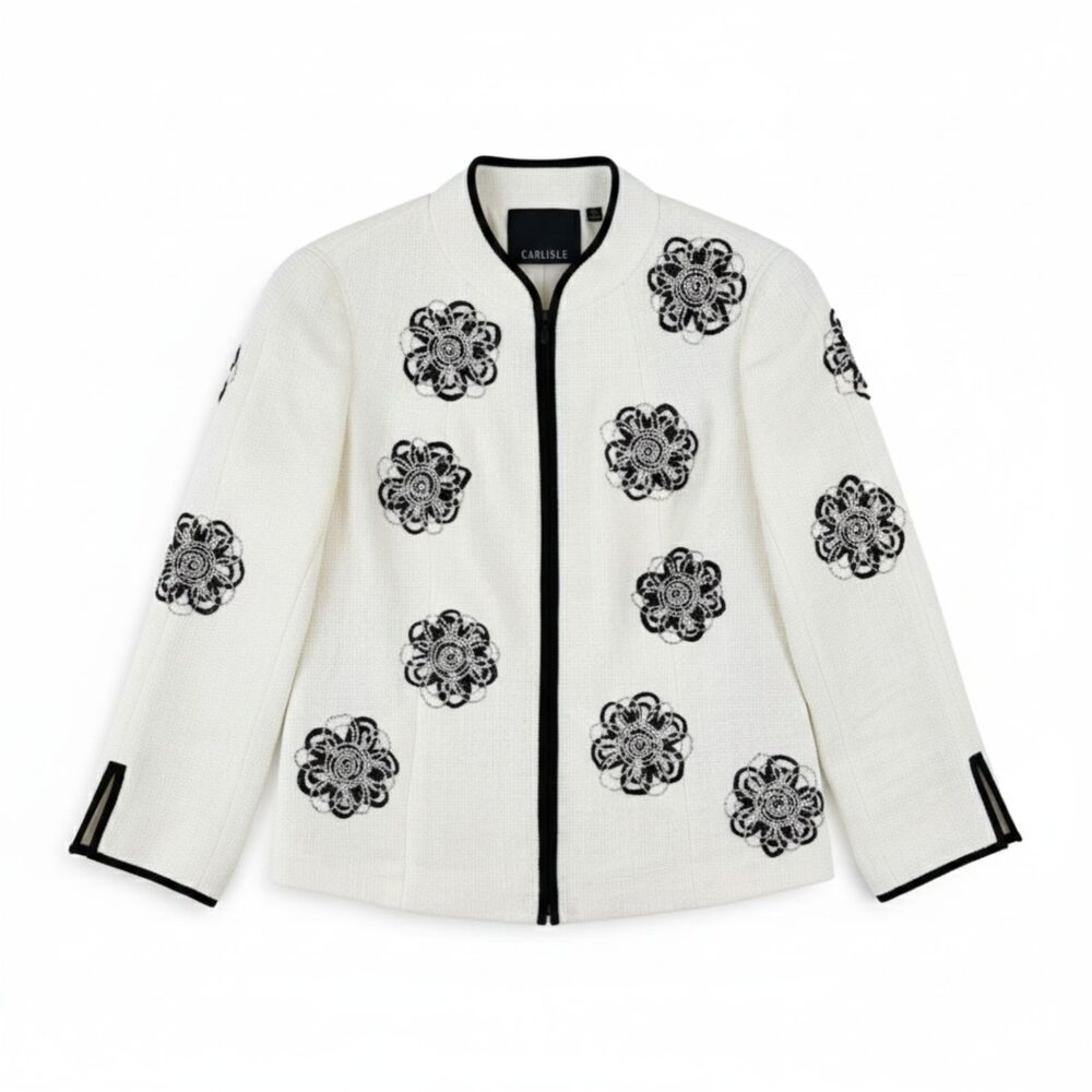 Carlisle White Tweed 3D Floral Applique Jacket Zip Front Sz 10 Work Scandi Chic